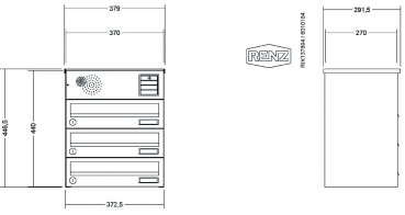 RENZ Briefkastenanlage Aufputz, Verkleidung Basic B, Kastenformat 370x110x270mm, 3-teilig, Vorbereitung Gegensprechanlage